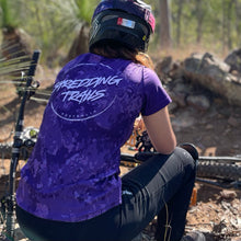 Load image into Gallery viewer, Shredding Trails, Women&#39;s Purple Haze Short Sleeve MTB Camo Jersey. Made from recycled plastic bottles. Made In Australia
