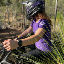 Load image into Gallery viewer, Shredding Trails, Women's Purple Haze Short Sleeve MTB Camo Jersey. Made from recycled plastic bottles. Made In Australia