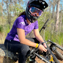 Load image into Gallery viewer, Shredding Trails, Women&#39;s Purple Haze Short Sleeve MTB Camo Jersey. Made from recycled plastic bottles. Made In Australia
