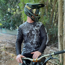 Load image into Gallery viewer, Australian made black camo long sleeve MTB Jersey. Tear resistant, stain resistant, super comfortable and environmentally friendly made from recycled plastic
