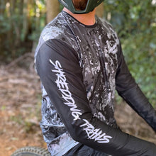 Load image into Gallery viewer, Australian made black camo long sleeve MTB Jersey. Tear resistant, stain resistant, super comfortable and environmentally friendly made from recycled plastic
