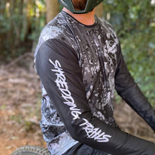 Load image into Gallery viewer, Australian made black camo long sleeve MTB Jersey. Tear resistant, stain resistant, super comfortable and environmentally friendly made from recycled plastic
