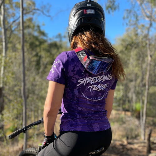 Shredding Trails, Women's Purple Haze Short Sleeve MTB Camo Jersey. Made from recycled plastic bottles. Made In Australia