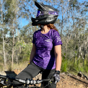 Shredding Trails, Women's Purple Haze Short Sleeve MTB Camo Jersey. Made from recycled plastic bottles. Made In Australia