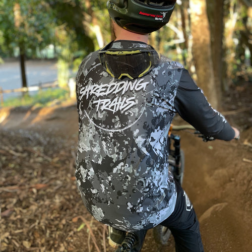 Australian made black camo long sleeve MTB Jersey. Tear resistant, stain resistant, super comfortable and environmentally friendly made from recycled plastic