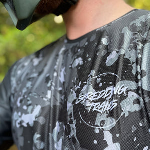 Australian made black camo long sleeve MTB Jersey. Tear resistant, stain resistant, super comfortable and environmentally friendly made from recycled plastic